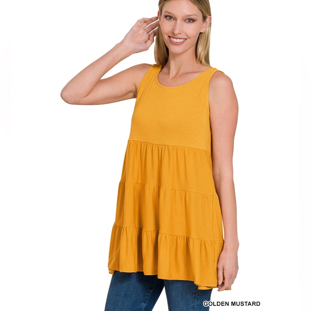 *SALE* Zenana Golden Mustard Sleeveless Tiered Top SLEEVELESS RUFFLE TUNIC